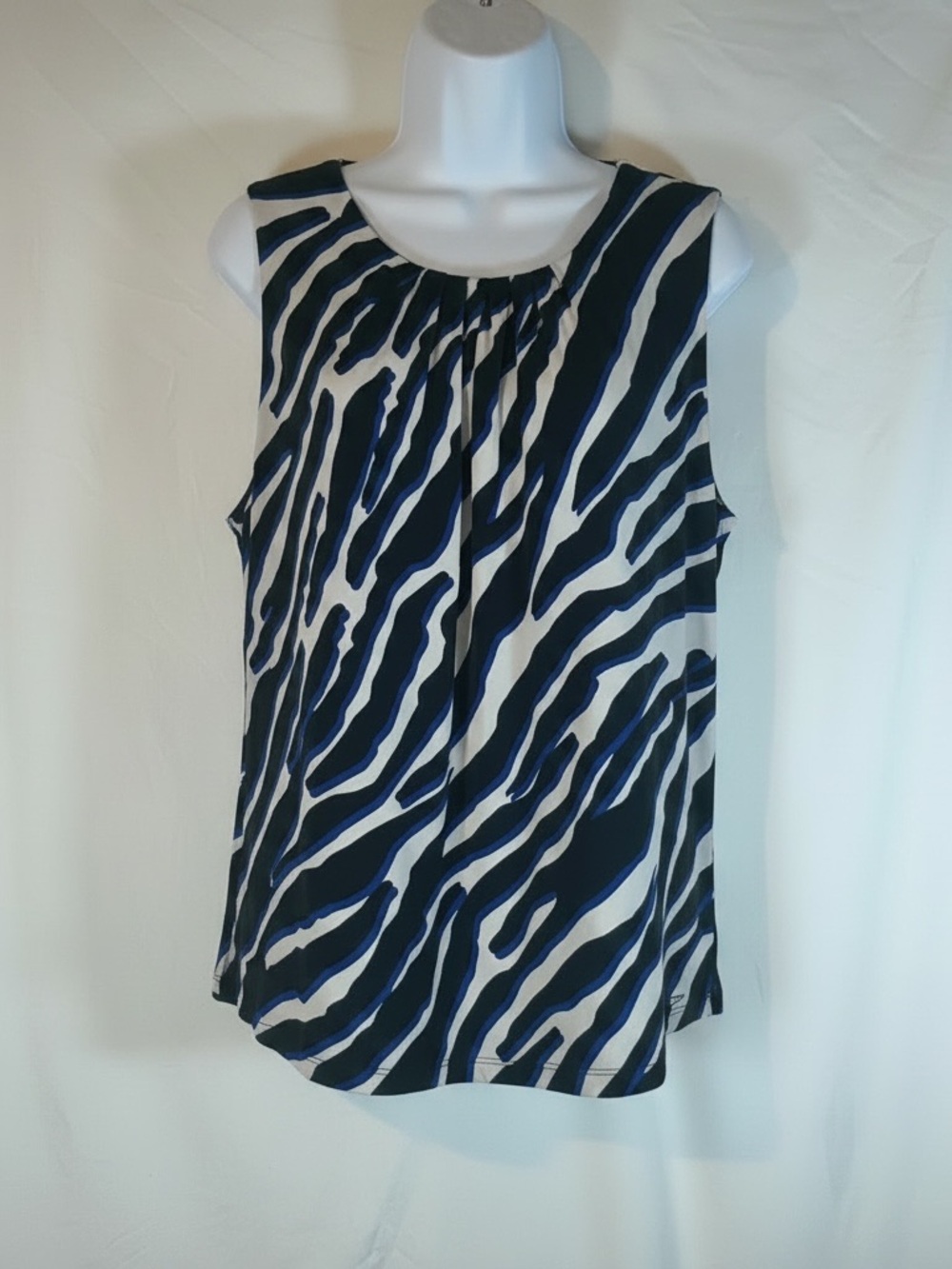 Calvin Klein Sleeveless Zebra-Stripe Blouse in Navy, White & Royal Blue